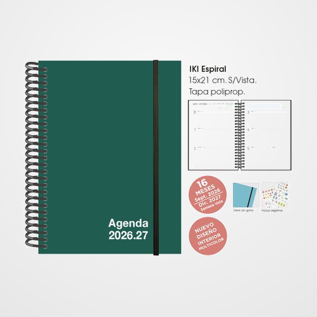 AGENDA ANUAL (2026-27) SENFORT 16 MESES IKI UNICOLOR ESPIRAL tapa PP con GOMA 155x215 S/V VERDE