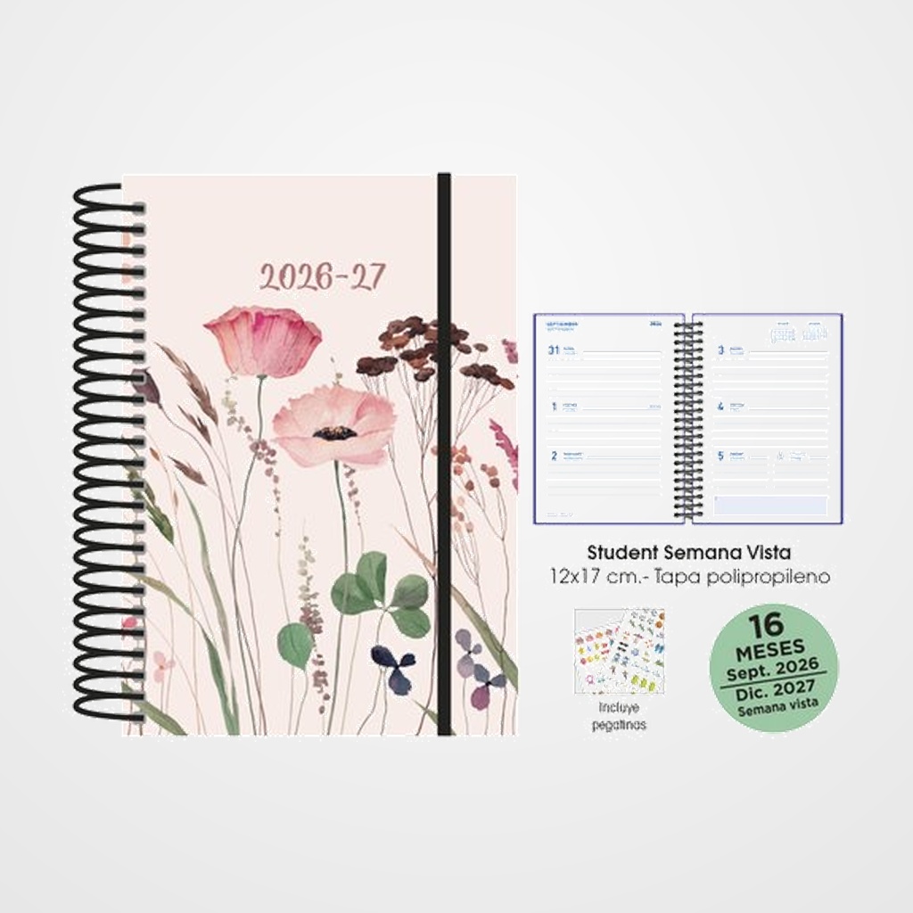 AGENDA ANUAL (2026-27) SENFORT 16 MESES STUDENT DECORADA ESPIRAL tapa PP con GOMA 120x170 S/V AMAPOLAS
