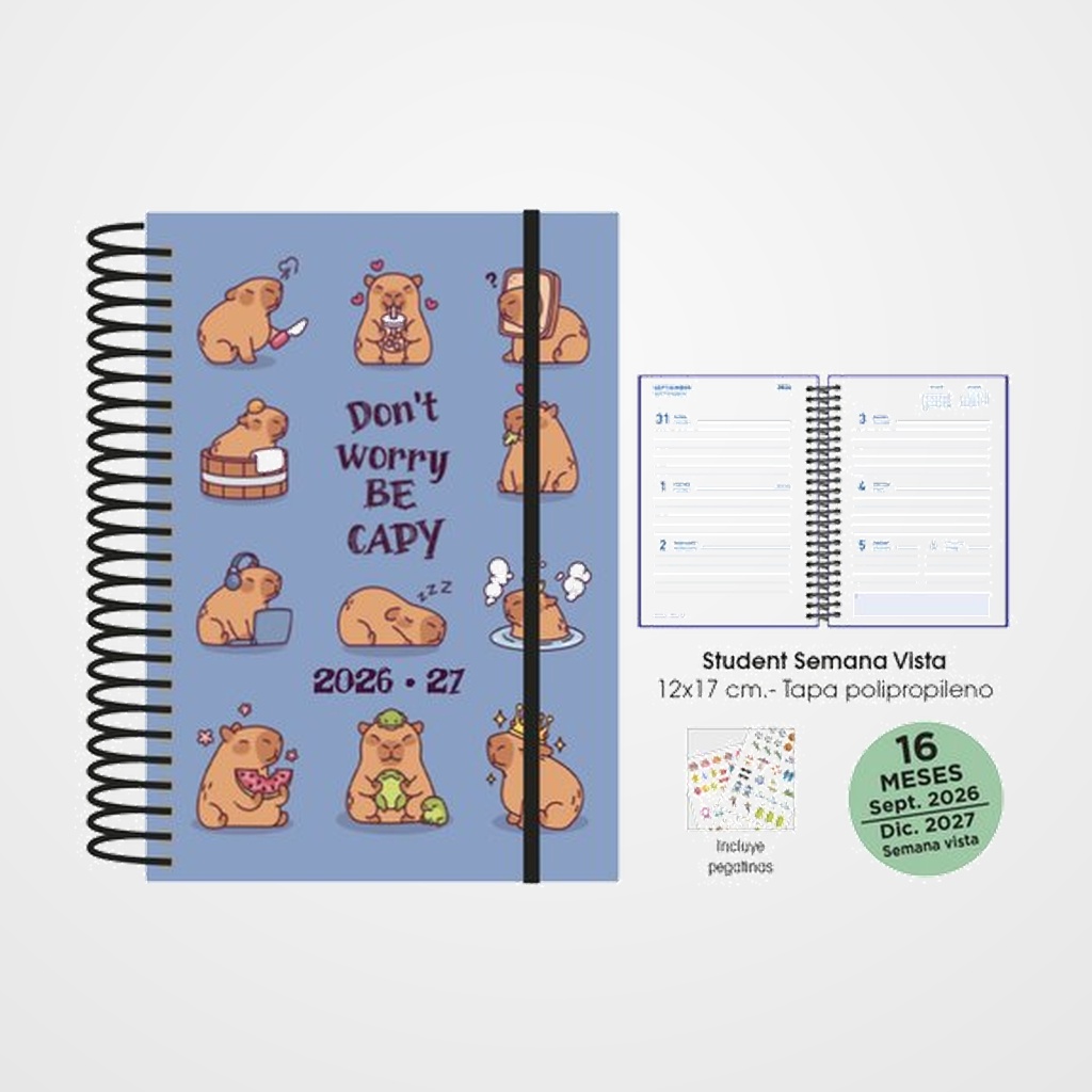 AGENDA ANUAL (2026-27) SENFORT 16 MESES STUDENT DECORADA ESPIRAL tapa PP con GOMA 120x170 S/V CAPIBARA
