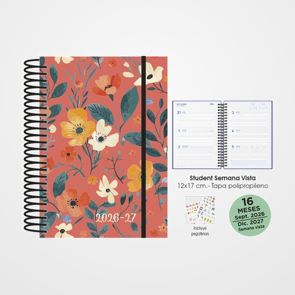 AGENDA ANUAL (2026-27) SENFORT 16 MESES STUDENT DECORADA ESPIRAL tapa PP con GOMA 120x170 S/V CORAL