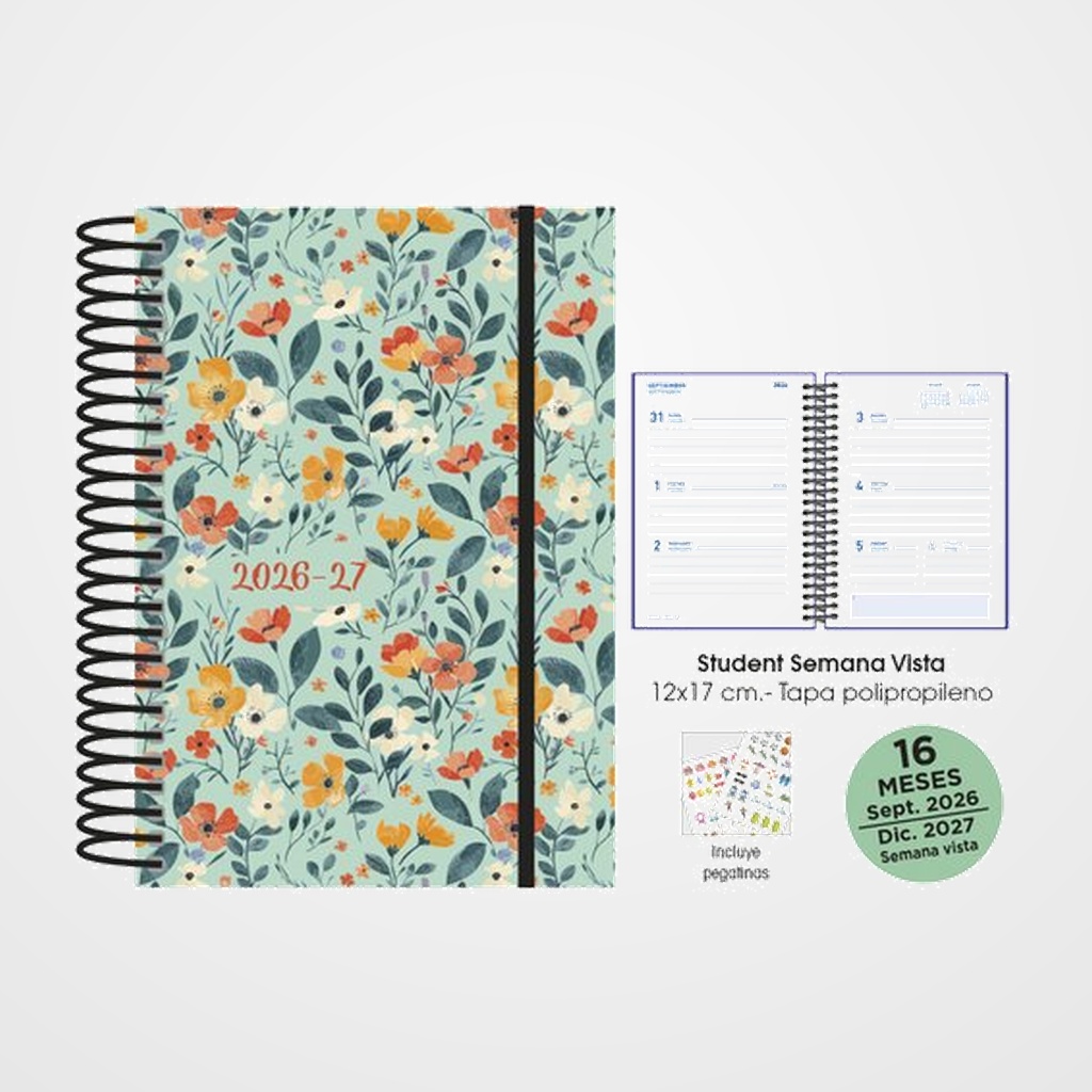 AGENDA ANUAL (2026-27) SENFORT 16 MESES STUDENT DECORADA ESPIRAL tapa PP con GOMA 120x170 S/V FLOWERS