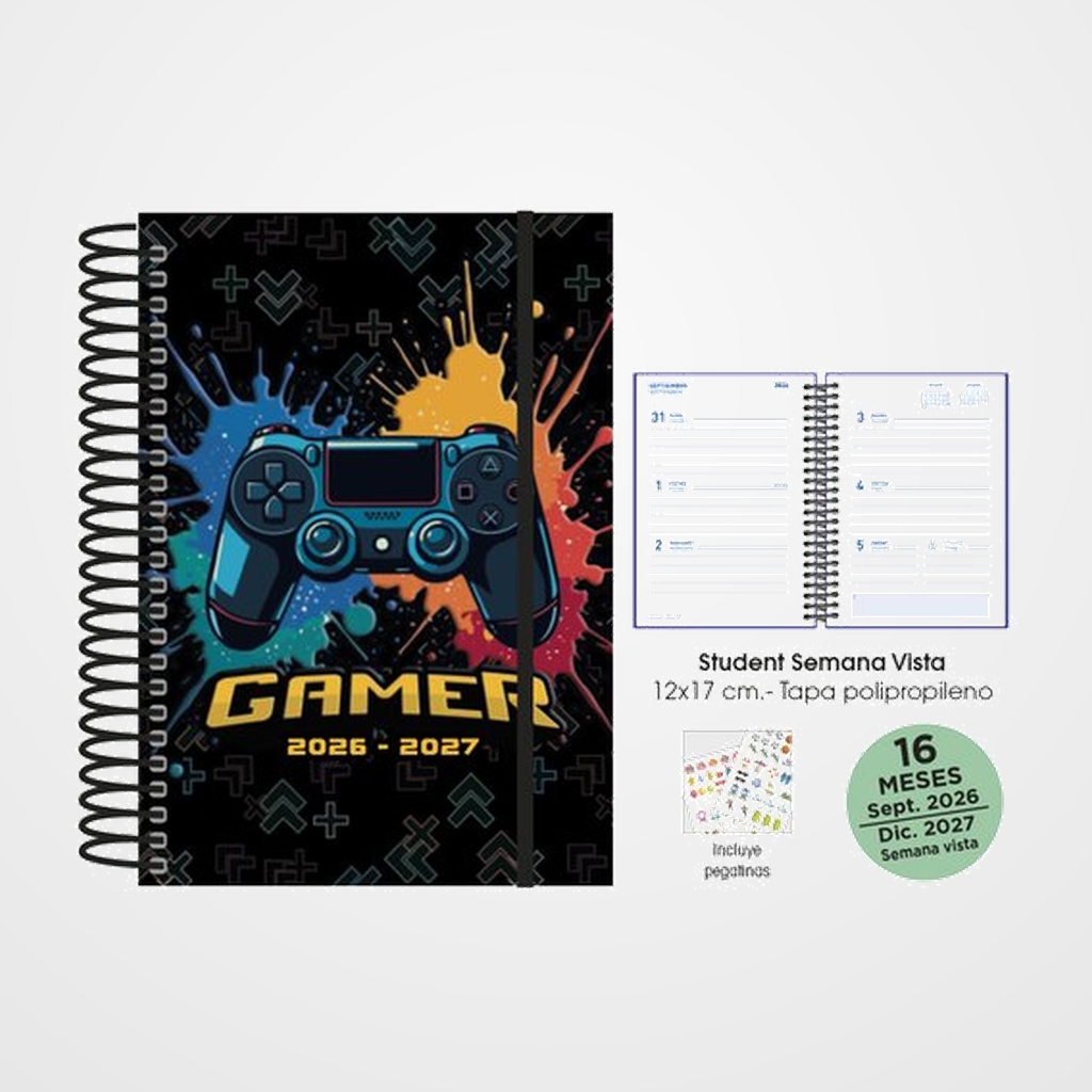 AGENDA ANUAL (2026-27) SENFORT 16 MESES STUDENT DECORADA ESPIRAL tapa PP con GOMA 120x170 S/V GAMER NEGRO