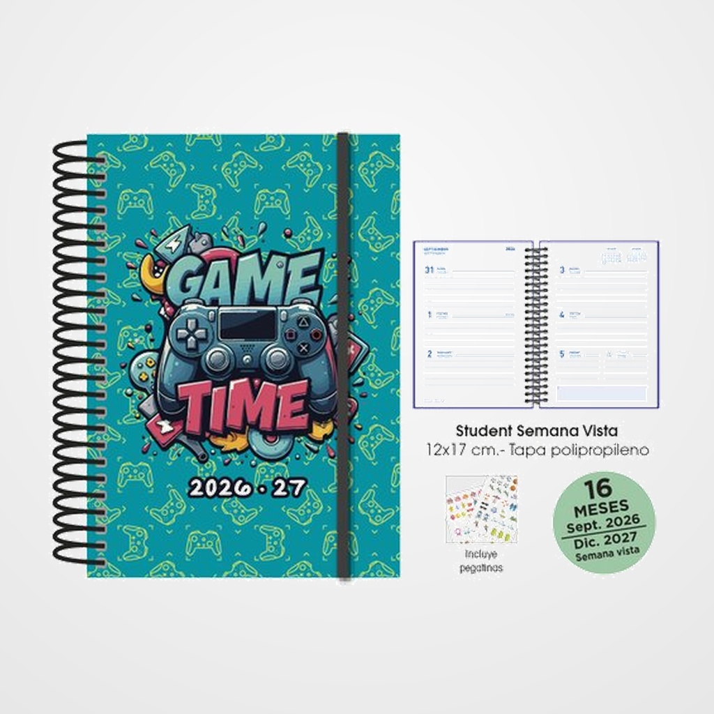 AGENDA ANUAL (2026-27) SENFORT 16 MESES STUDENT DECORADA ESPIRAL tapa PP con GOMA 120x170 S/V GAMER TURQUESA