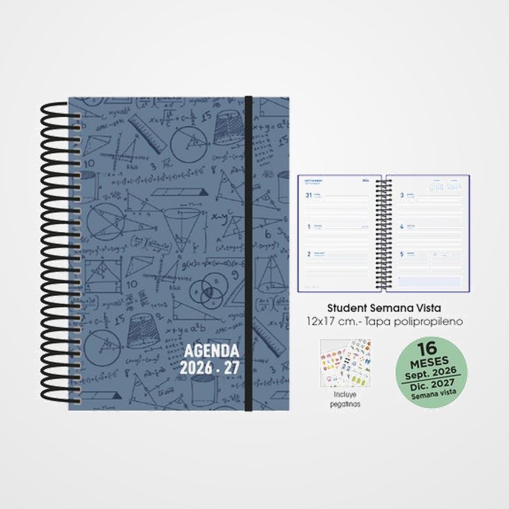 AGENDA ANUAL (2026-27) SENFORT 16 MESES STUDENT DECORADA ESPIRAL tapa PP con GOMA 120x170 S/V MATHS PLOMO