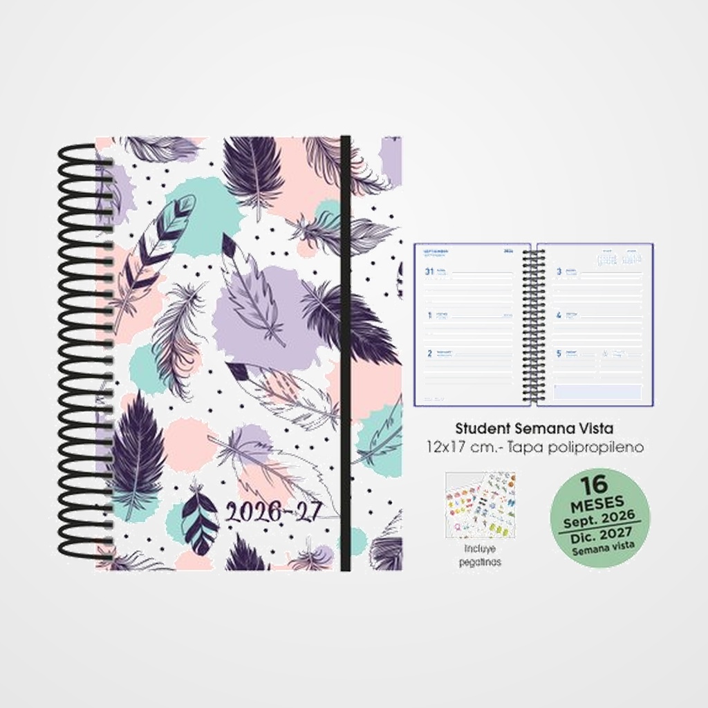 AGENDA ANUAL (2026-27) SENFORT 16 MESES STUDENT DECORADA ESPIRAL tapa PP con GOMA 120x170 S/V PLUMAS