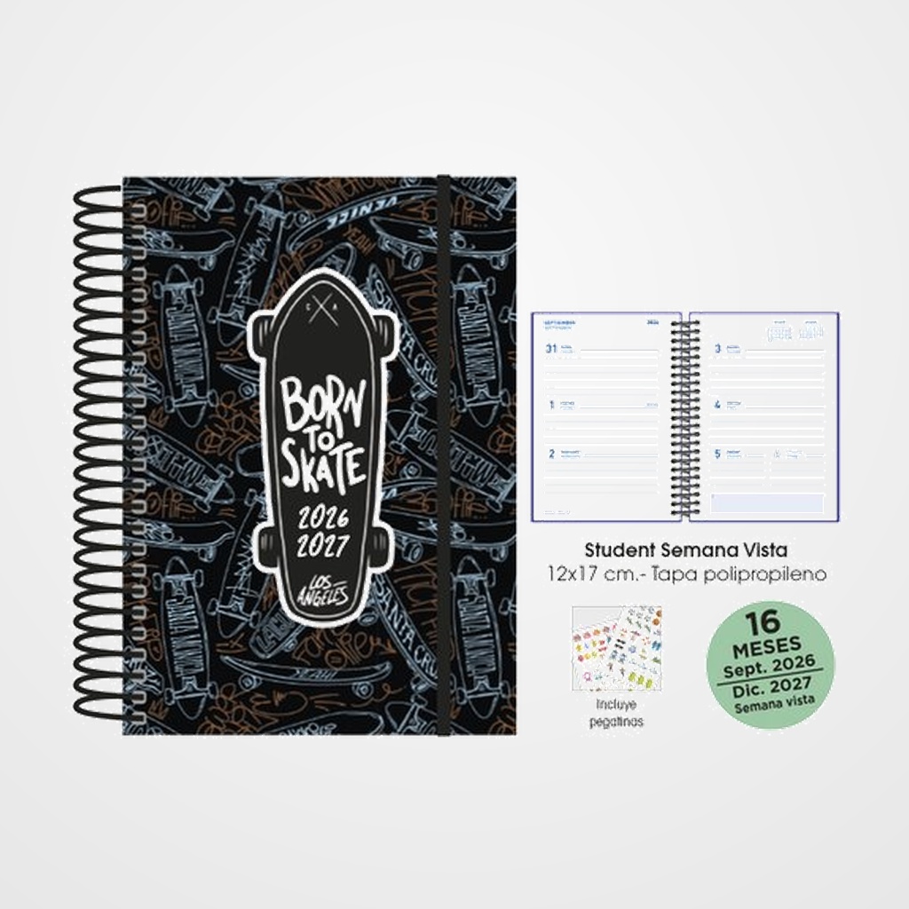 [82701125] AGENDA ANUAL (2026-27) SENFORT 16 MESES STUDENT DECORADA ESPIRAL tapa PP con GOMA 120x170 S/V SKATEBOARD