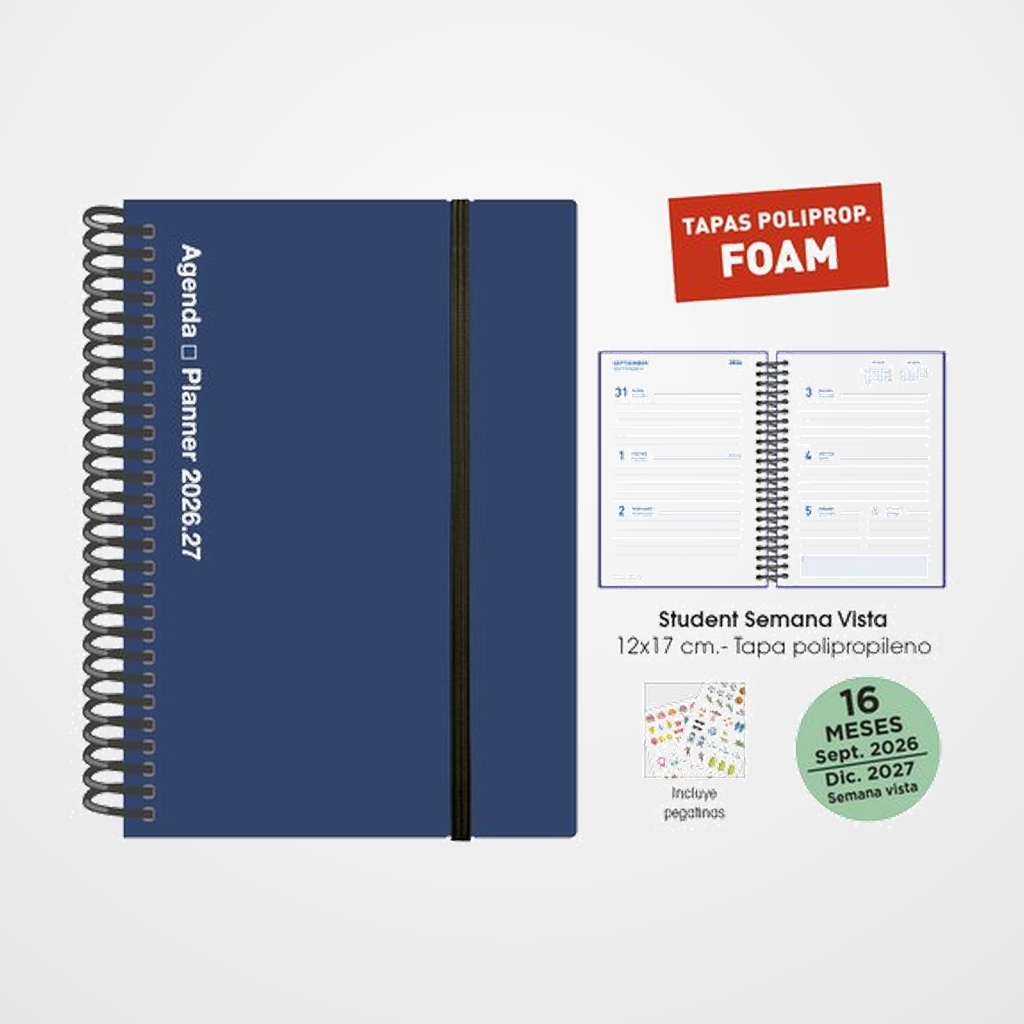 AGENDA ANUAL (2026-27) SENFORT 16 MESES STUDENT FOAM ESPIRAL tapa PP con GOMA 120x170 S/V AZUL