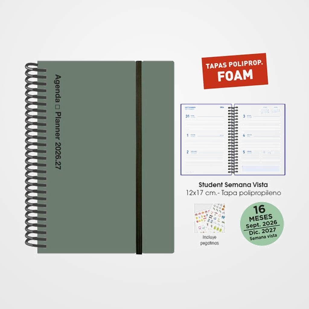 AGENDA ANUAL (2026-27) SENFORT 16 MESES STUDENT FOAM ESPIRAL tapa PP con GOMA 120x170 S/V VERDE