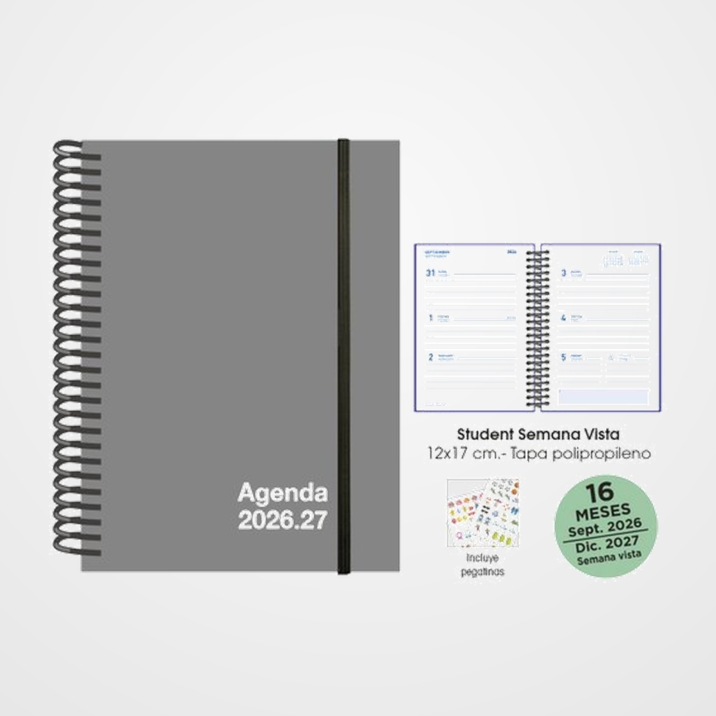 AGENDA ANUAL (2026-27) SENFORT 16 MESES STUDENT UNICOLOR ESPIRAL tapa PP con GOMA 120x170 S/V GRIS