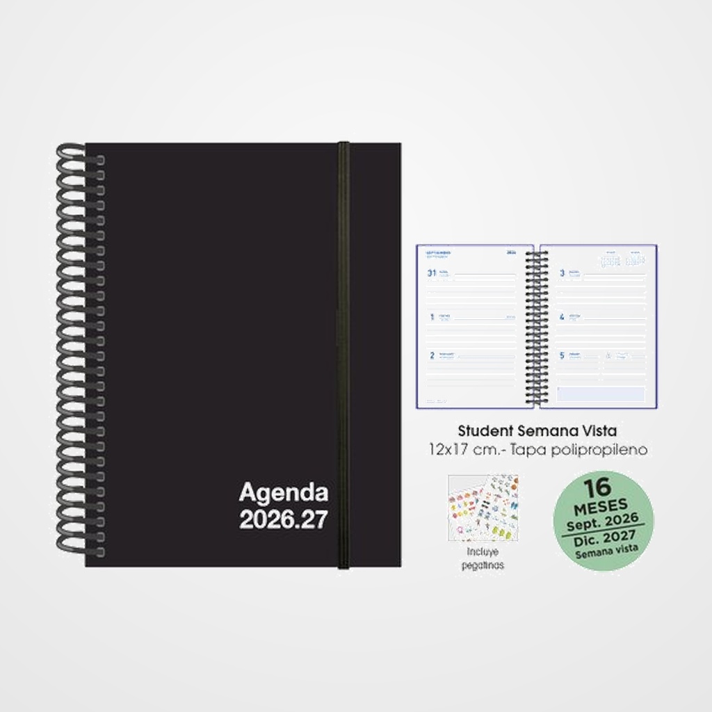 AGENDA ANUAL (2026-27) SENFORT 16 MESES STUDENT UNICOLOR ESPIRAL tapa PP con GOMA 120x170 S/V NEGRO