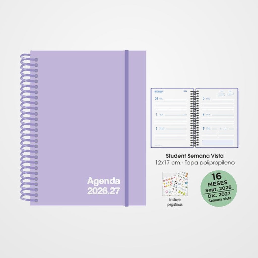 AGENDA ANUAL (2026-27) SENFORT 16 MESES STUDENT UNICOLOR ESPIRAL tapa PP con GOMA 120x170 S/V PASTEL LILA