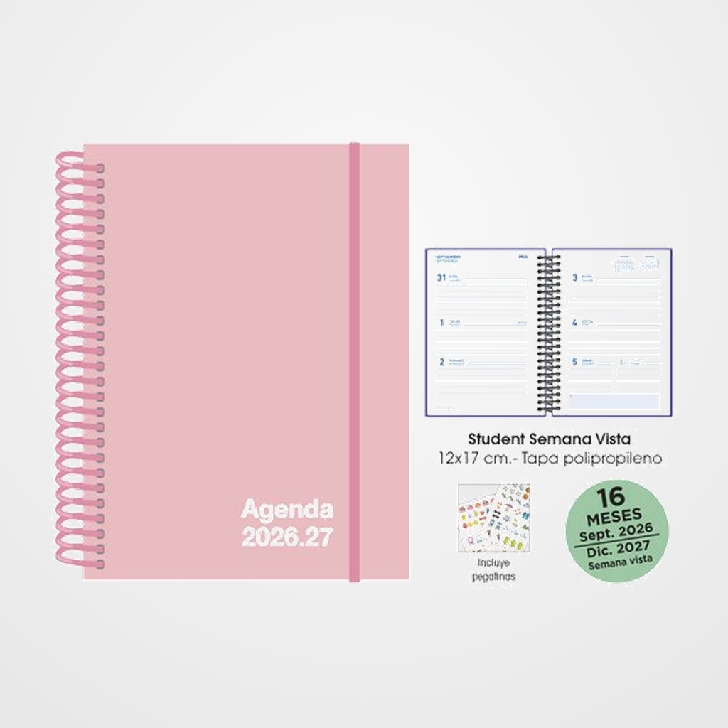 AGENDA ANUAL (2026-27) SENFORT 16 MESES STUDENT UNICOLOR ESPIRAL tapa PP con GOMA 120x170 S/V PASTEL ROSA