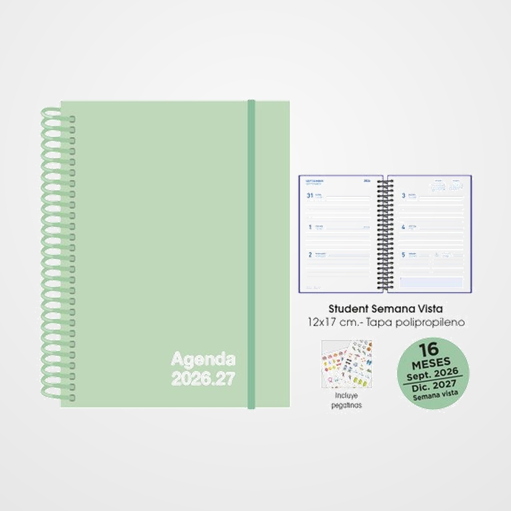 AGENDA ANUAL (2026-27) SENFORT 16 MESES STUDENT UNICOLOR ESPIRAL tapa PP con GOMA 120x170 S/V PASTEL VERDE