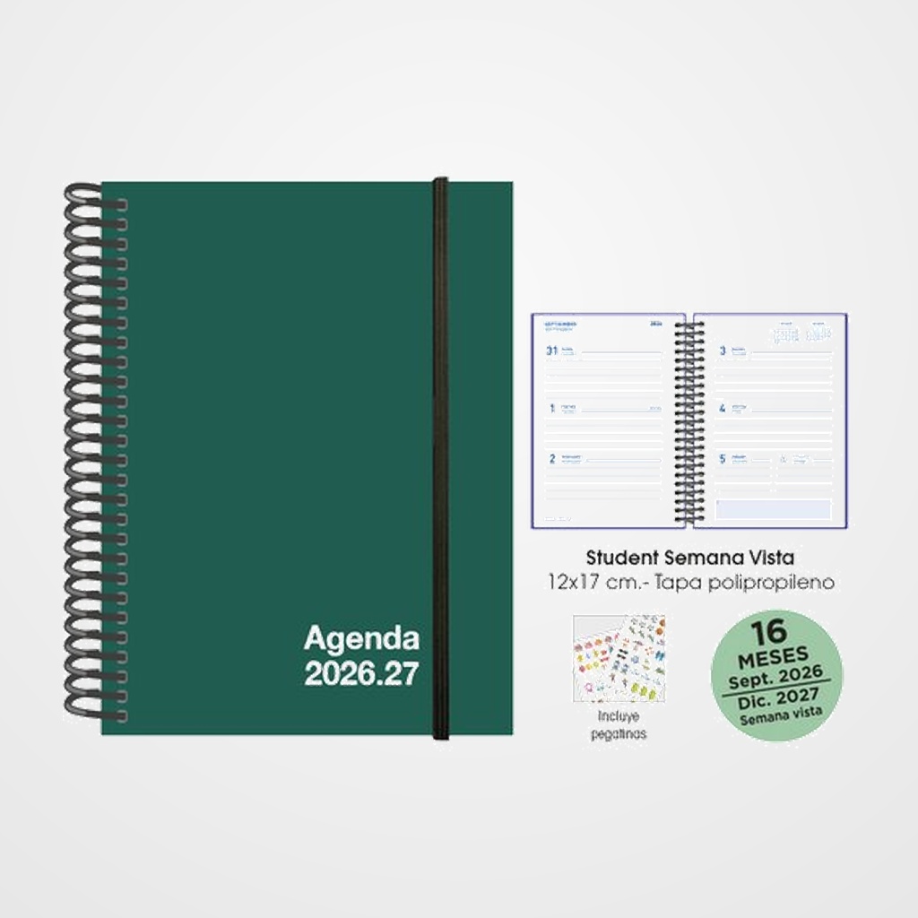 AGENDA ANUAL (2026-27) SENFORT 16 MESES STUDENT UNICOLOR ESPIRAL tapa PP con GOMA 120x170 S/V VERDE