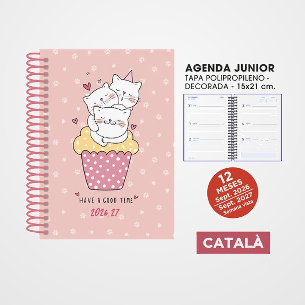 AGENDA ESCOLAR (2026-27) SENFORT CATALAN JUNIOR DECORADA ESPIRAL tapa PVC 150x210 S/V CATS ROSA