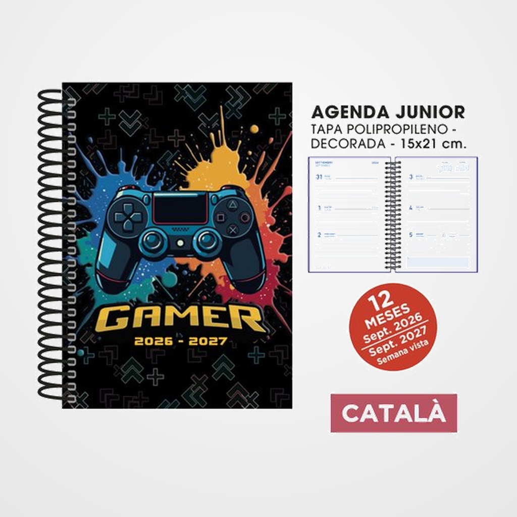 AGENDA ESCOLAR (2026-27) SENFORT CATALAN JUNIOR DECORADA ESPIRAL tapa PVC 150x210 S/V GAMER NEGRO