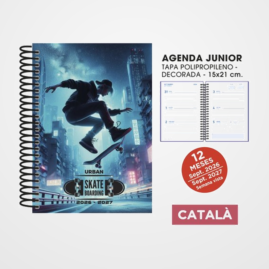 AGENDA ESCOLAR (2026-27) SENFORT CATALAN JUNIOR DECORADA ESPIRAL tapa PVC 150x210 S/V SKATEBOARD