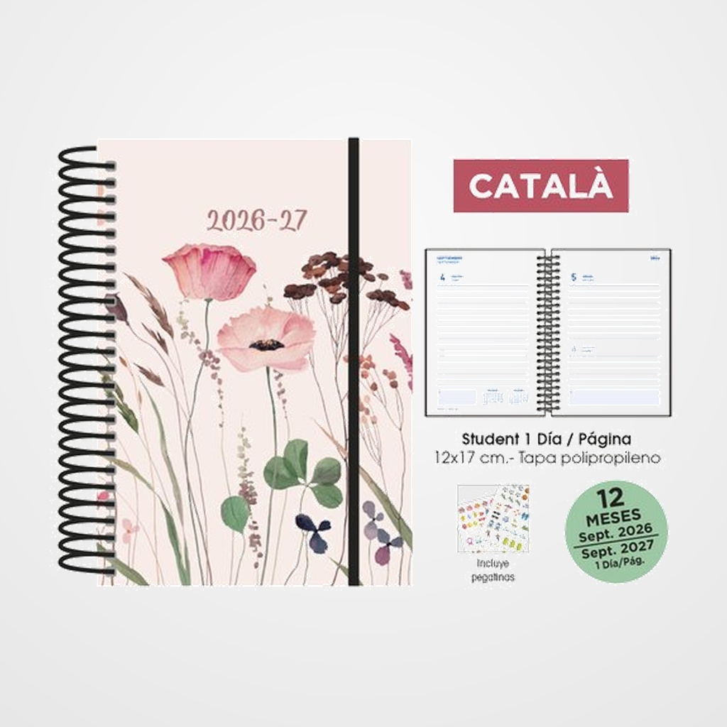 AGENDA ESCOLAR (2026-27) SENFORT CATALAN STUDENT DECORADA ESPIRAL tapa PP con GOMA 120x170 D/P AMAPOLAS