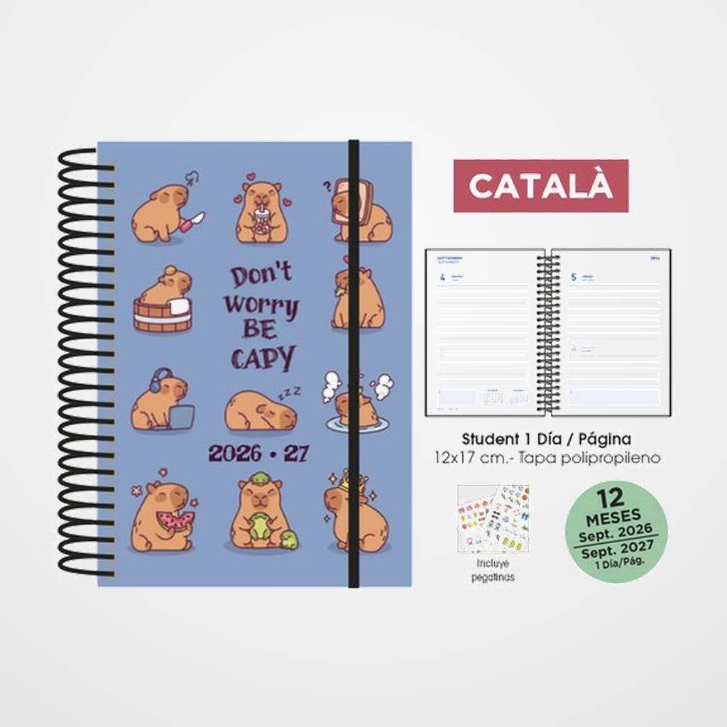 AGENDA ESCOLAR (2026-27) SENFORT CATALAN STUDENT DECORADA ESPIRAL tapa PP con GOMA 120x170 D/P CAPIBARA
