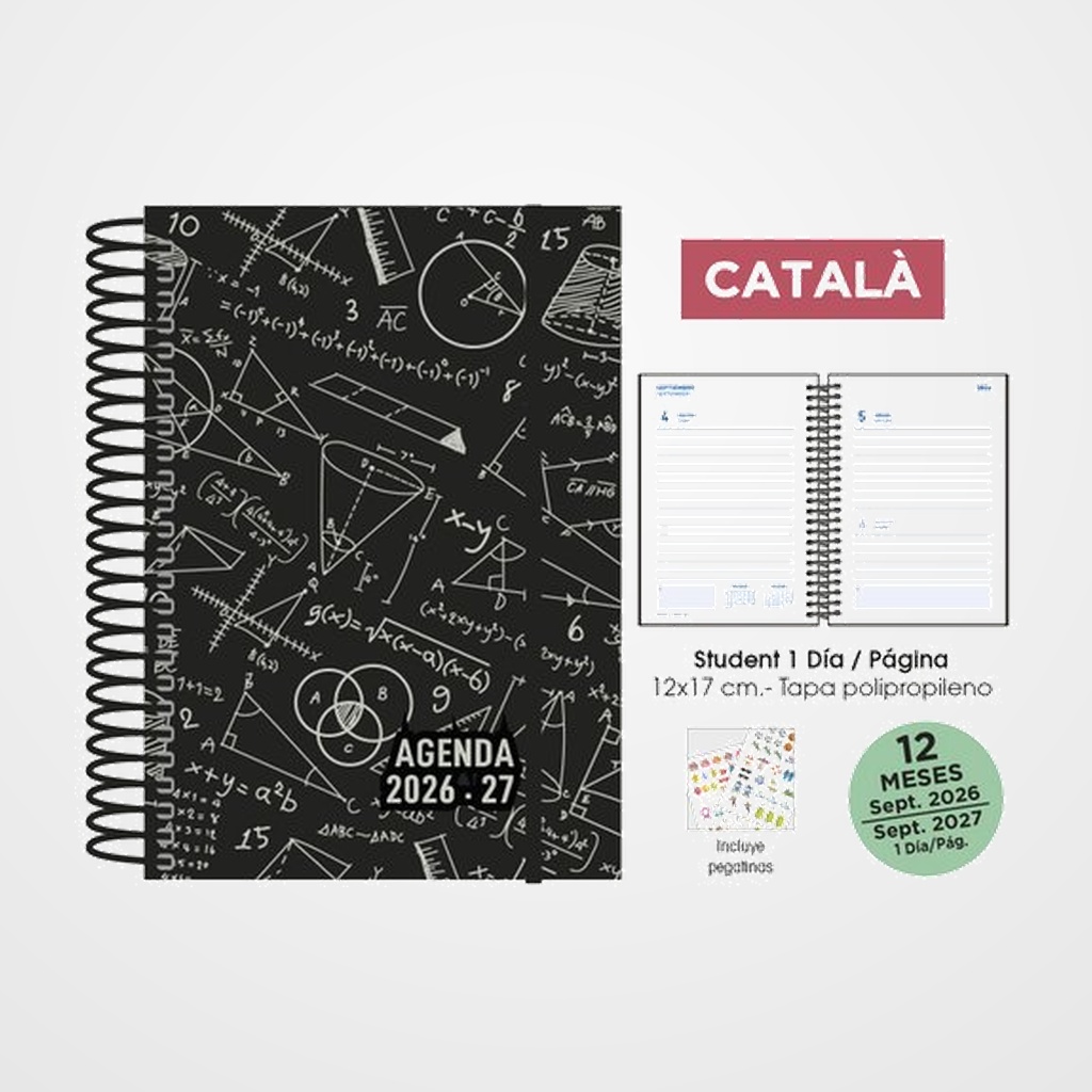AGENDA ESCOLAR (2026-27) SENFORT CATALAN STUDENT DECORADA ESPIRAL tapa PP con GOMA 120x170 D/P MATHS NEGRO