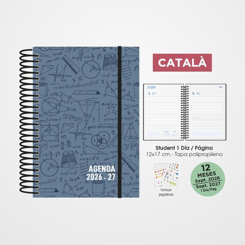 AGENDA ESCOLAR (2026-27) SENFORT CATALAN STUDENT DECORADA ESPIRAL tapa PP con GOMA 120x170 D/P MATHS PLOMO