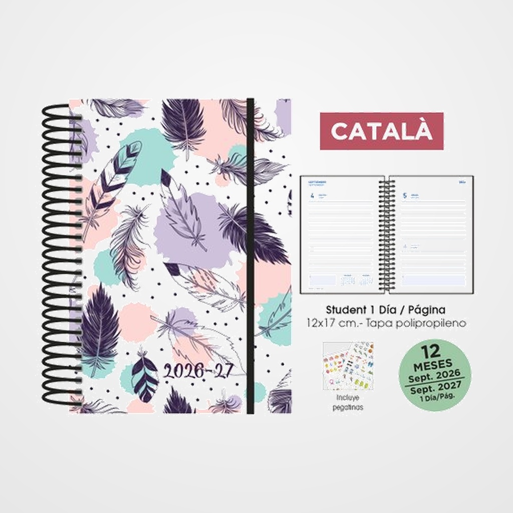 AGENDA ESCOLAR (2026-27) SENFORT CATALAN STUDENT DECORADA ESPIRAL tapa PP con GOMA 120x170 D/P PLUMAS