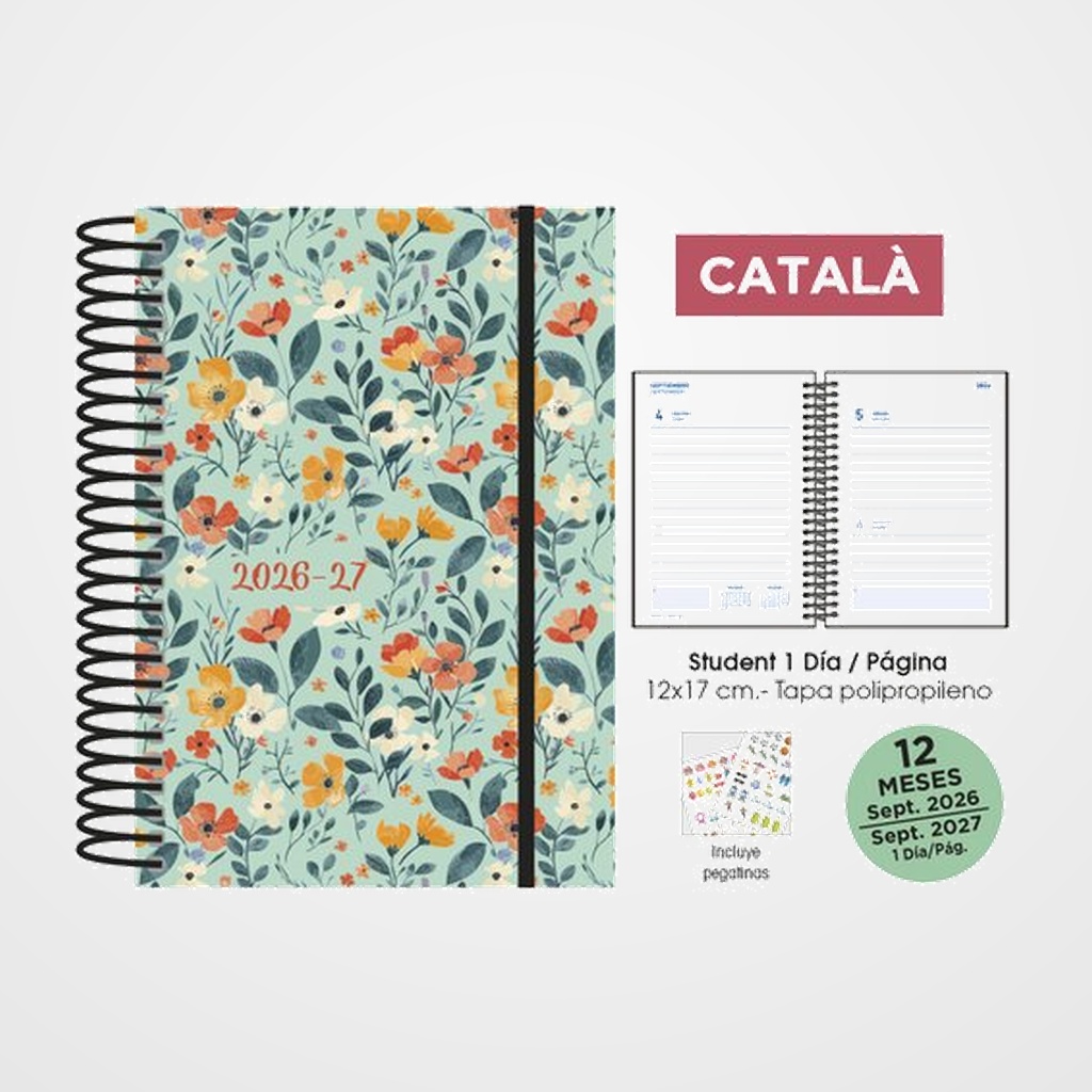 AGENDA ESCOLAR (2026-27) SENFORT CATALAN STUDENT DECORADA ESPIRAL tapa PP con GOMA 120x170 D/P PURPLE FLOWERS