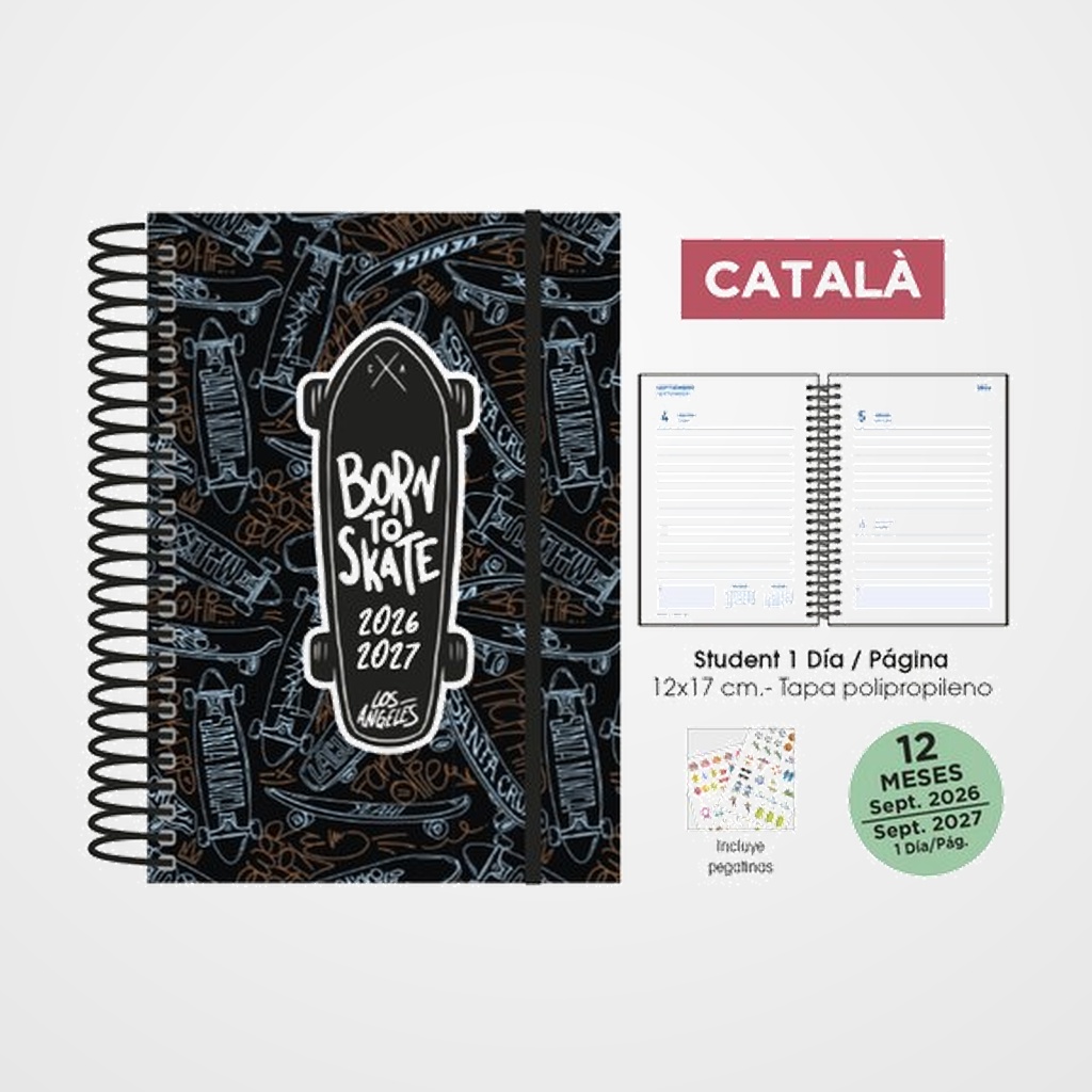AGENDA ESCOLAR (2026-27) SENFORT CATALAN STUDENT DECORADA ESPIRAL tapa PP con GOMA 120x170 D/P SKATEBOARD