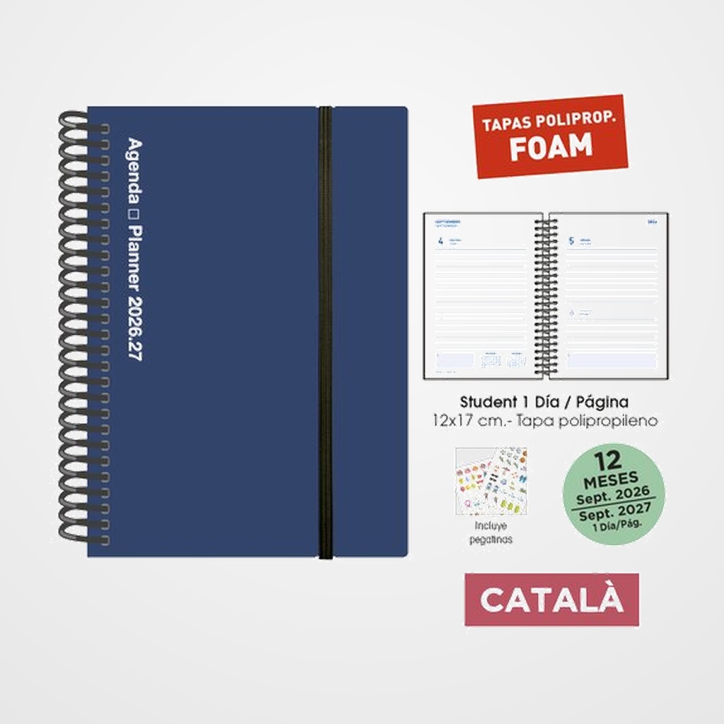 AGENDA ESCOLAR (2026-27) SENFORT CATALAN STUDENT FOAM ESPIRAL tapa PP con GOMA 120x170 D/P AZUL