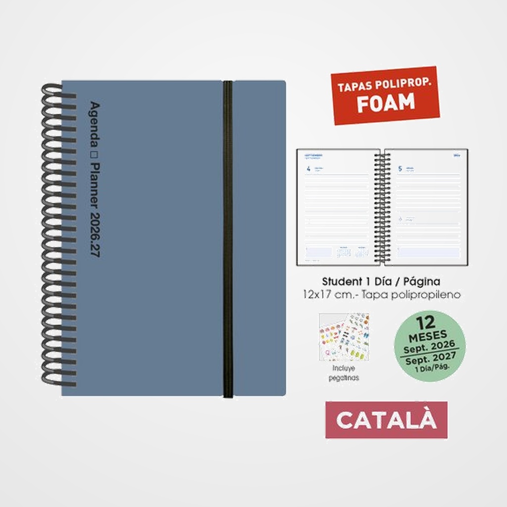 AGENDA ESCOLAR (2026-27) SENFORT CATALAN STUDENT FOAM ESPIRAL tapa PP con GOMA 120x170 D/P PLOMO