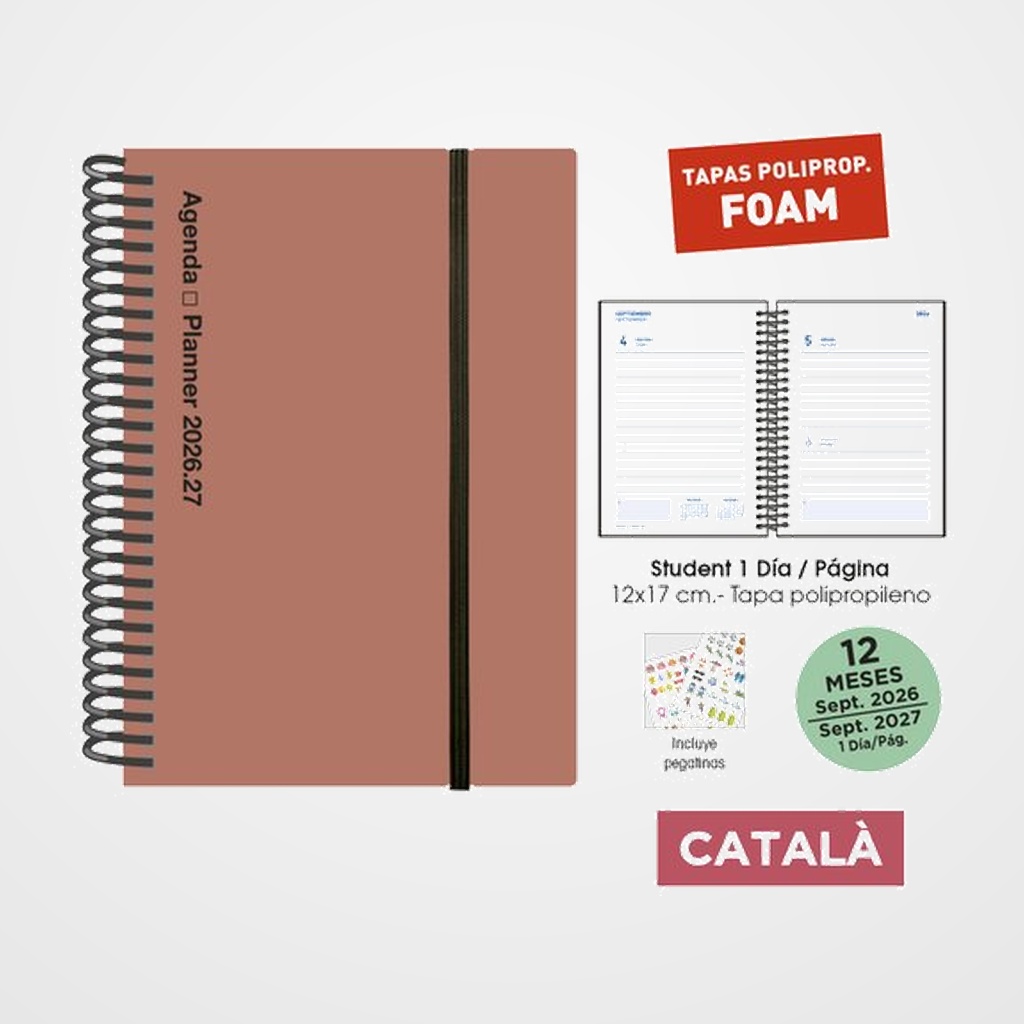 [82604171] AGENDA ESCOLAR (2026-27) SENFORT CATALAN STUDENT FOAM ESPIRAL tapa PP con GOMA 120x170 D/P SIENA