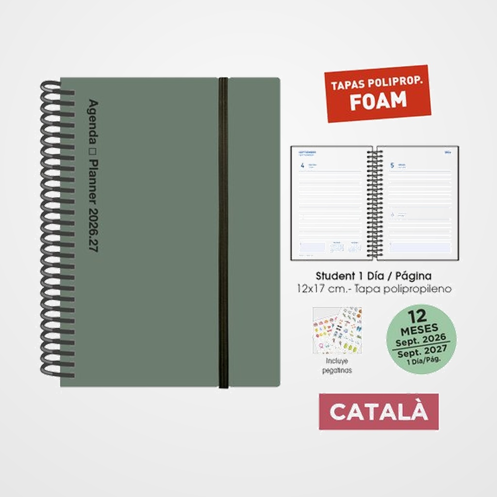 AGENDA ESCOLAR (2026-27) SENFORT CATALAN STUDENT FOAM ESPIRAL tapa PP con GOMA 120x170 D/P VERDE