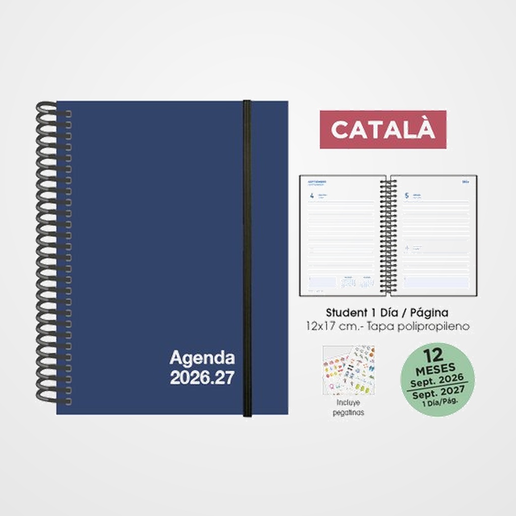 AGENDA ESCOLAR (2026-27) SENFORT CATALAN STUDENT UNICOLOR ESPIRAL tapa PP con GOMA 120x170 D/P AZUL
