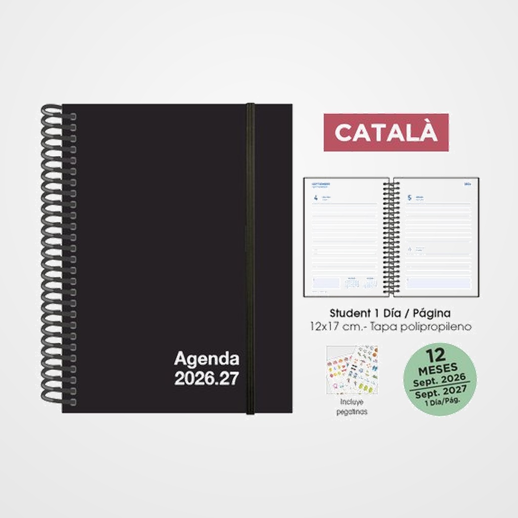 AGENDA ESCOLAR (2026-27) SENFORT CATALAN STUDENT UNICOLOR ESPIRAL tapa PP con GOMA 120x170 D/P NEGRO