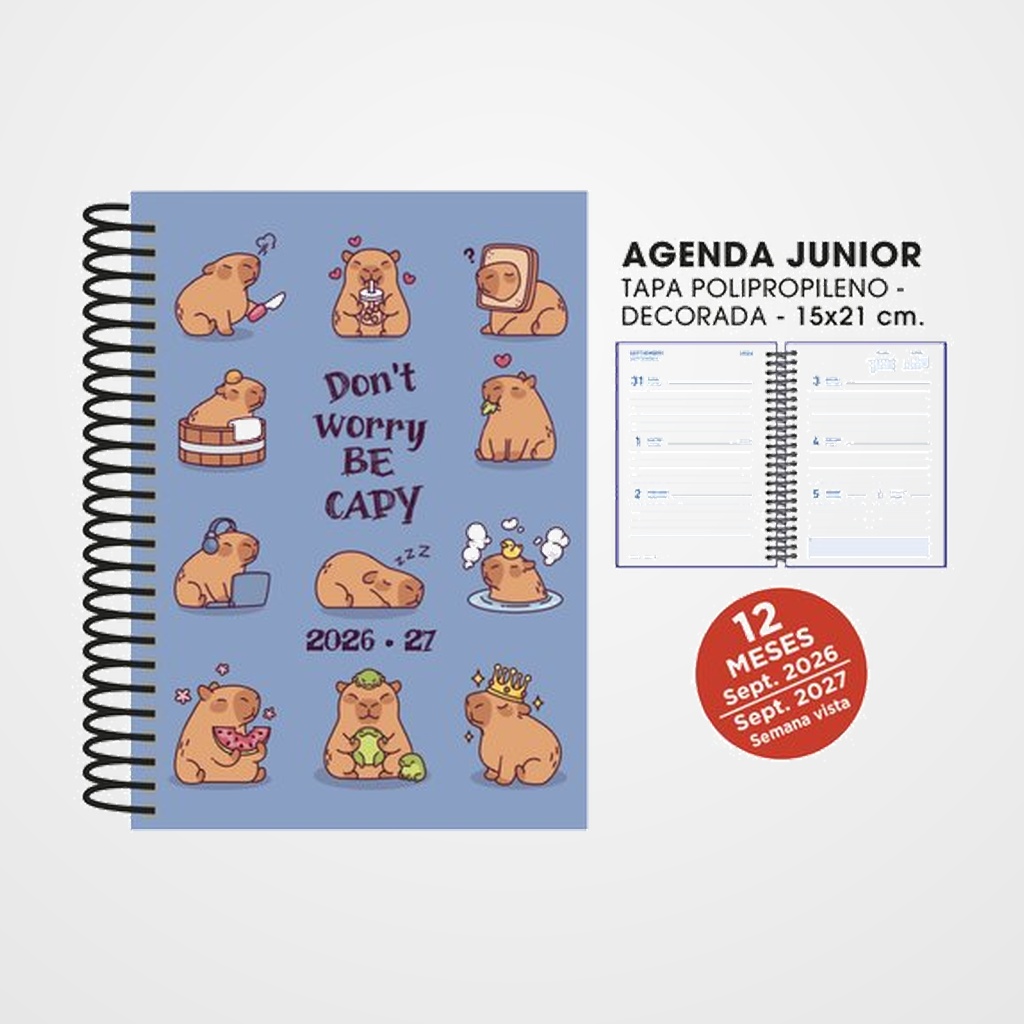 [82604136] AGENDA ESCOLAR (2026-27) SENFORT JUNIOR DECORADA ESPIRAL tapa PVC 150x210 S/V CAPIBARA