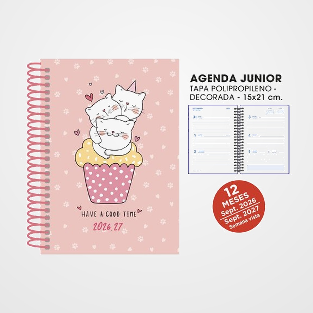 AGENDA ESCOLAR (2026-27) SENFORT JUNIOR DECORADA ESPIRAL tapa PVC 150x210 S/V CATS ROSA