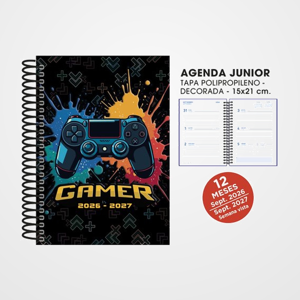 AGENDA ESCOLAR (2026-27) SENFORT JUNIOR DECORADA ESPIRAL tapa PVC 150x210 S/V GAMER NEGRO