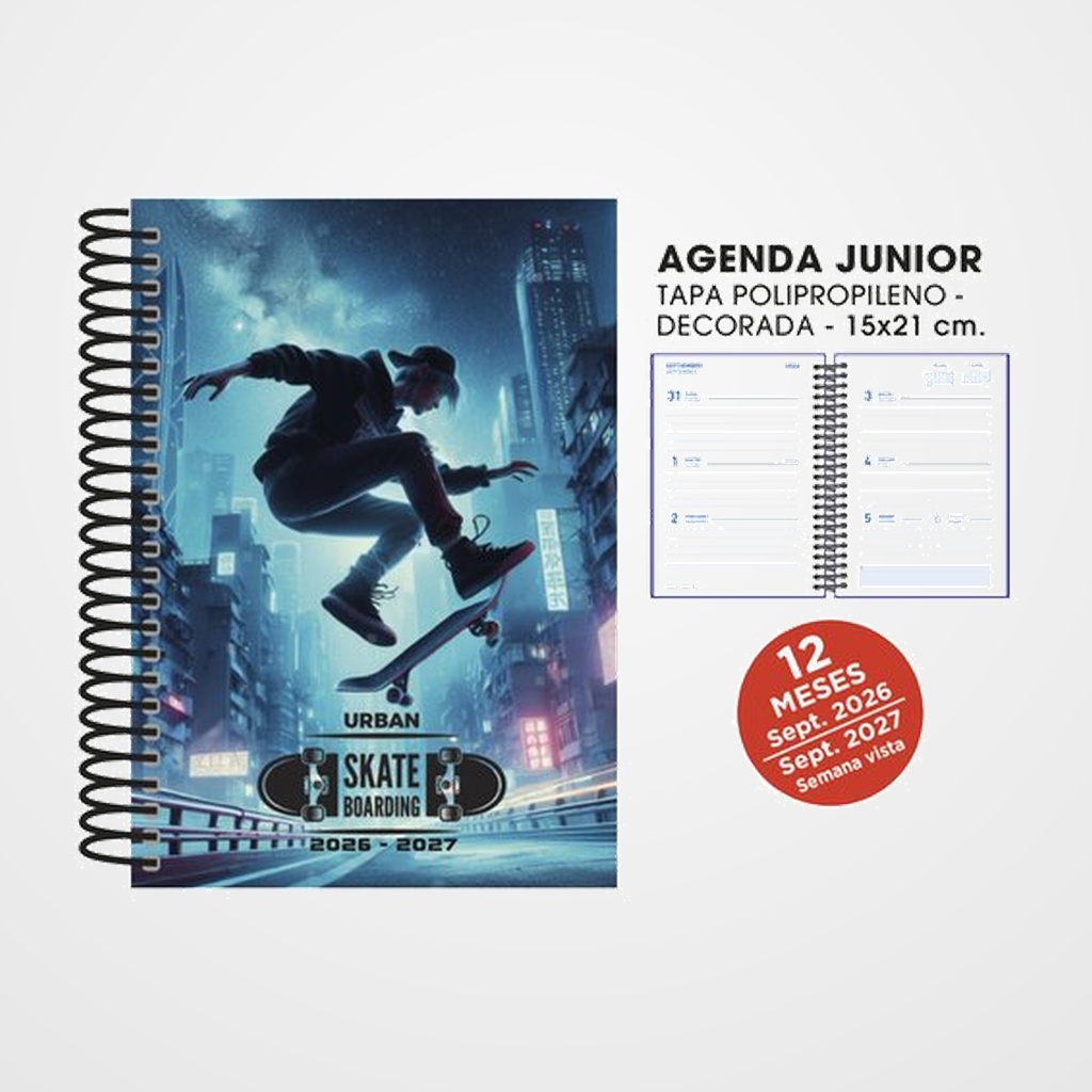 [82604133] AGENDA ESCOLAR (2026-27) SENFORT JUNIOR DECORADA ESPIRAL tapa PVC 150x210 S/V SKATEBOARD
