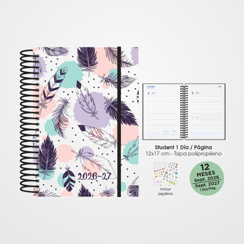 AGENDA ESCOLAR (2026-27) SENFORT STUDENT DECORADA ESPIRAL tapa PP con GOMA 120x170 D/P PLUMAS
