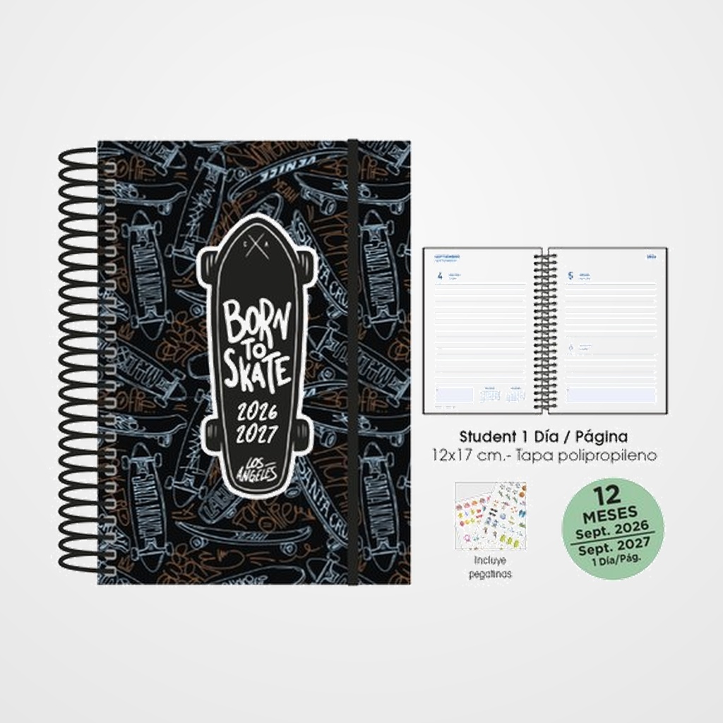 AGENDA ESCOLAR (2026-27) SENFORT STUDENT DECORADA ESPIRAL tapa PP con GOMA 120x170 D/P SKATEBOARD