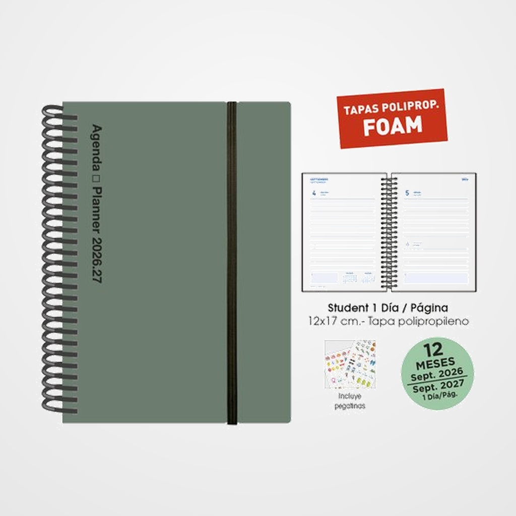 AGENDA ESCOLAR (2026-27) SENFORT STUDENT FOAM ESPIRAL tapa PP con GOMA 120x170 D/P VERDE