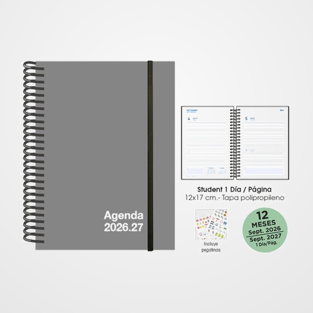 AGENDA ESCOLAR (2026-27) SENFORT STUDENT UNICOLOR ESPIRAL tapa PP con GOMA 120x170 D/P GRIS