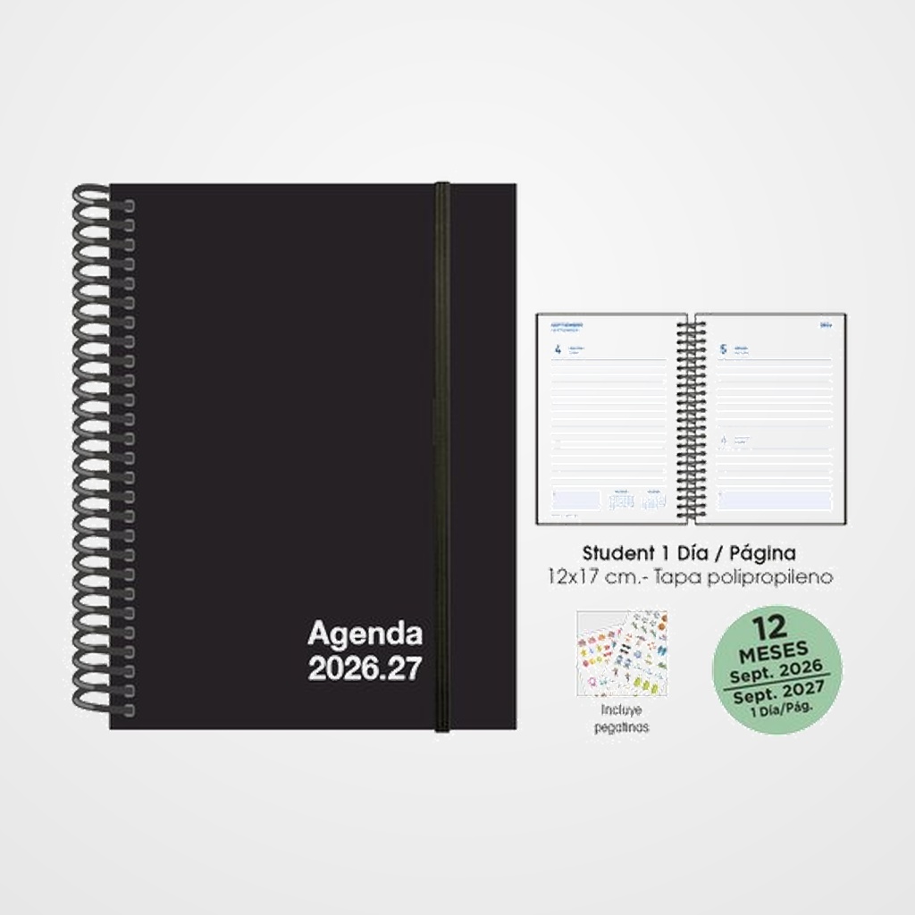 AGENDA ESCOLAR (2026-27) SENFORT STUDENT UNICOLOR ESPIRAL tapa PP con GOMA 120x170 D/P NEGRO