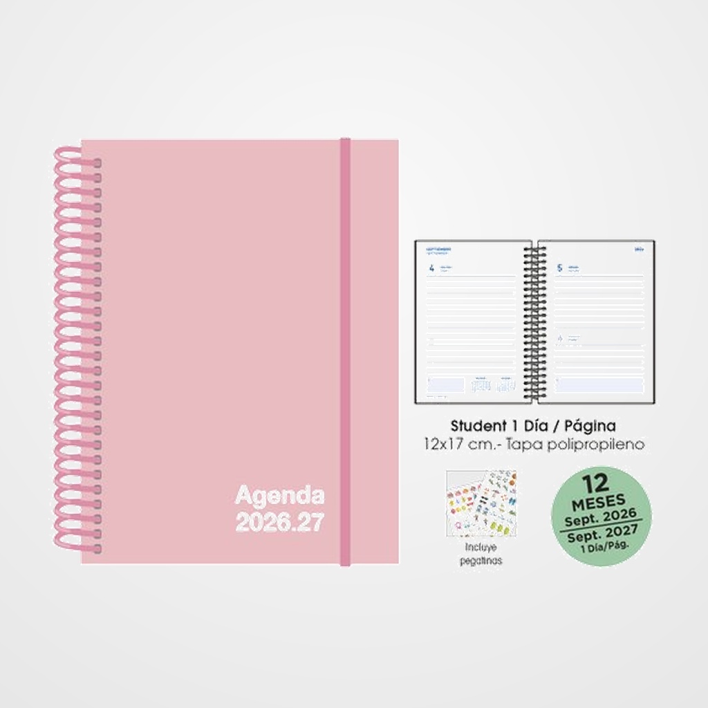 AGENDA ESCOLAR (2026-27) SENFORT STUDENT UNICOLOR ESPIRAL tapa PP con GOMA 120x170 D/P PASTEL ROSA