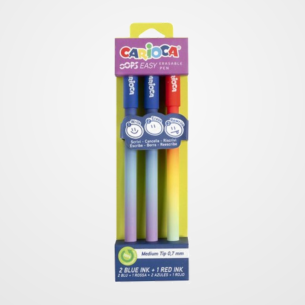 BOLIGRAFO BORRABLE CARIOCA OOPS EASY 0,7mm BLISTER de 3 (2 azul y 1 rojo)