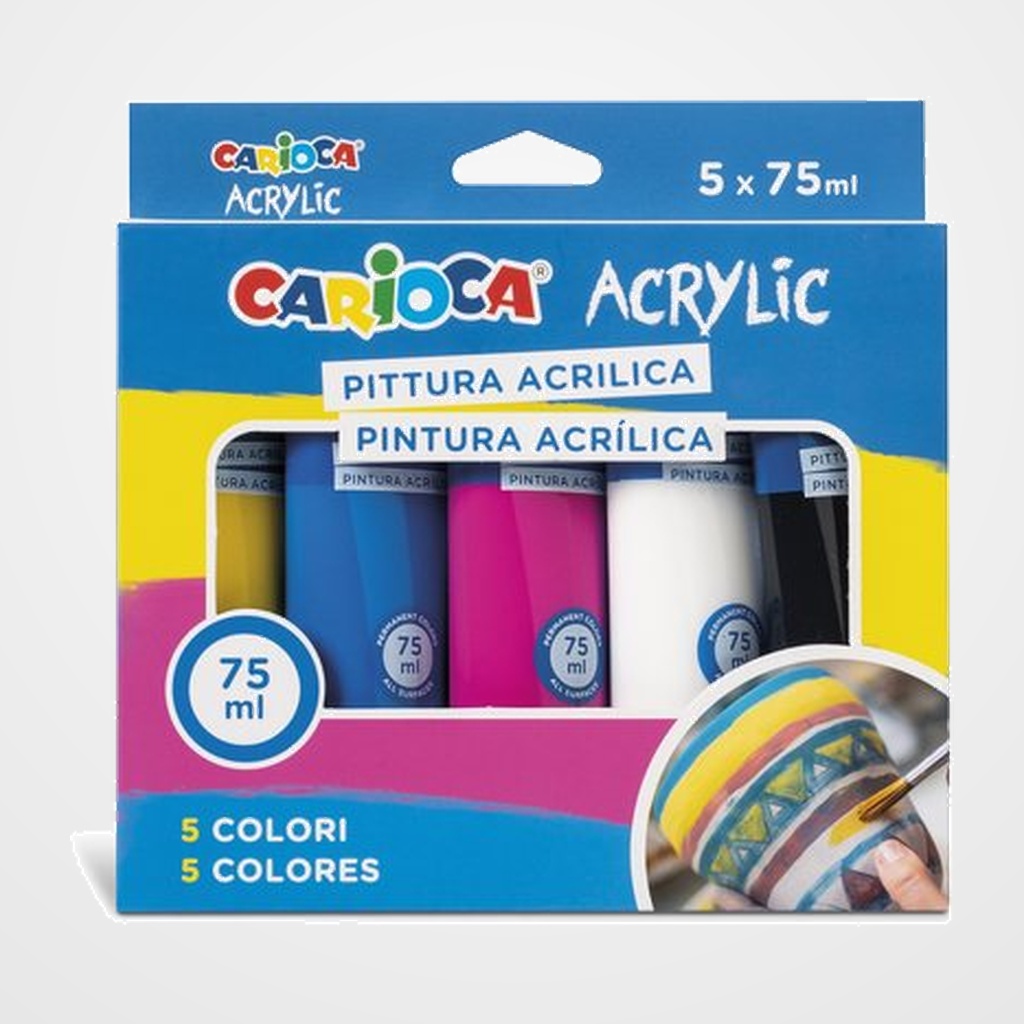 PINTURA ACRILICA CARIOCA 75 ml (tubo) COL. PRIMARIOS ESTUCHE de 5