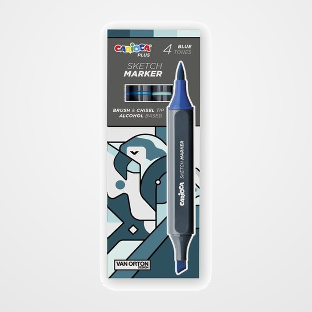 ROTULADOR FIBRA CARIOCA PLUS SKETCH MARKER DOBLE PUNTA CAJA de 4 COLORES AZULES