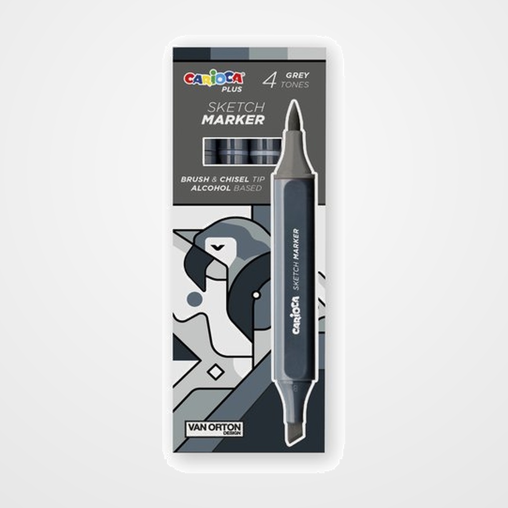 [10206335] ROTULADOR FIBRA CARIOCA PLUS SKETCH MARKER DOBLE PUNTA CAJA de 4 COLORES GRISES