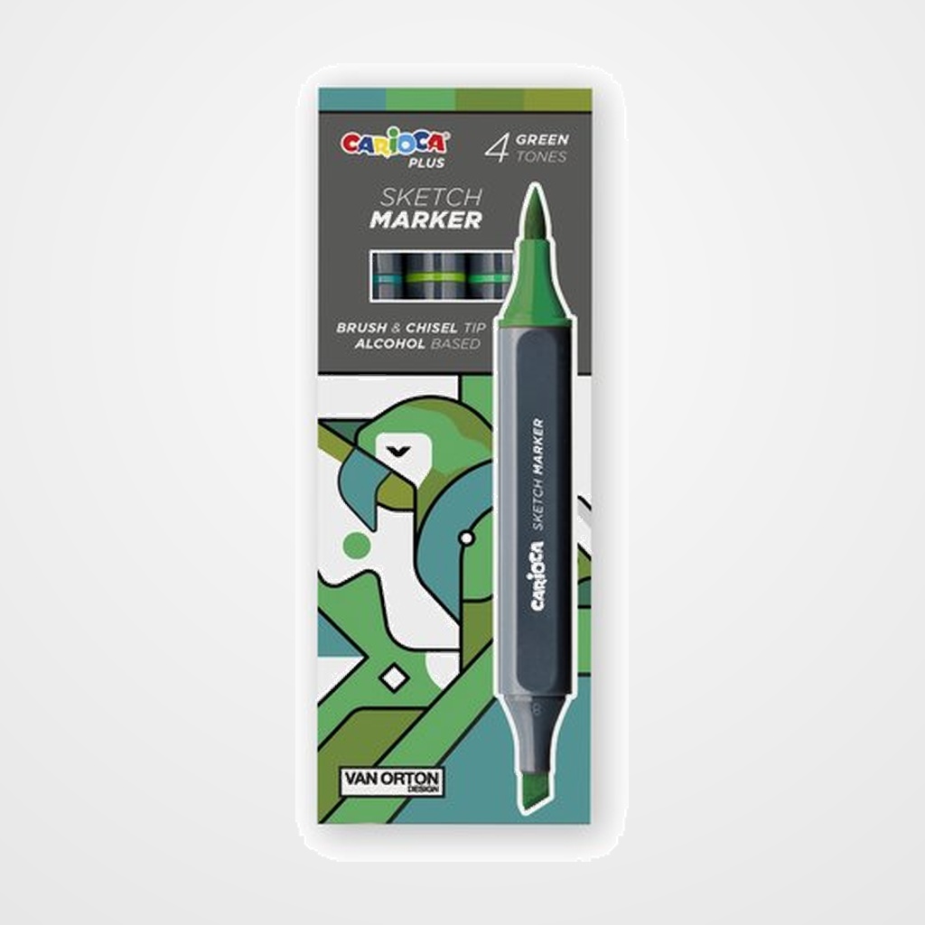 ROTULADOR FIBRA CARIOCA PLUS SKETCH MARKER DOBLE PUNTA CAJA de 4 COLORES VERDES
