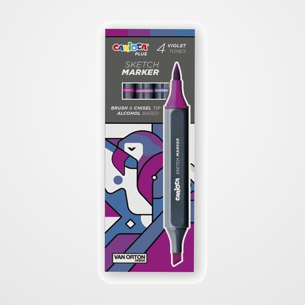 ROTULADOR FIBRA CARIOCA PLUS SKETCH MARKER DOBLE PUNTA CAJA de 4 COLORES VIOLETAS